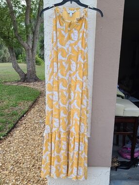 Boho Nine West Maxi Dress Long Halter Sleeveless Leaf Floral M Yellow White Tie